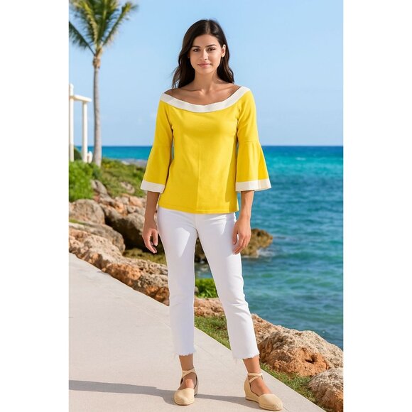Boston Proper Knit Blouse M Yellow Off-Shoulder Bell Sleeves Casual Resort Chic - Picture 1 of 9